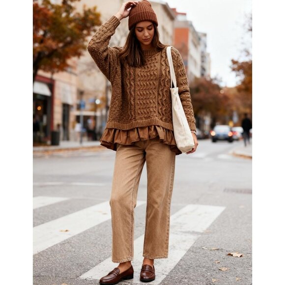 Women's Cable Knit Sweater Dress Ruffle Hem Mini Dresses Long Sleeves Brown - Picture 6 of 6